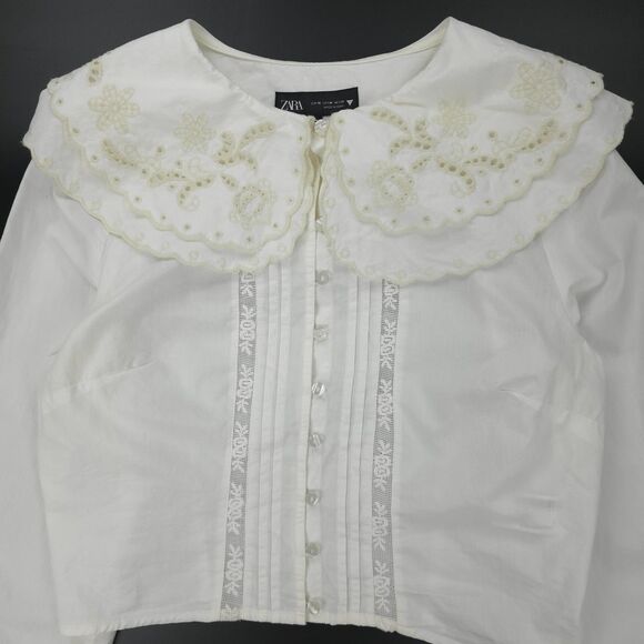 ZARA Cropped Peter Pan Collar Shirt Boho Victorian Cottagecore Preppy Classic - Picture 3 of 11